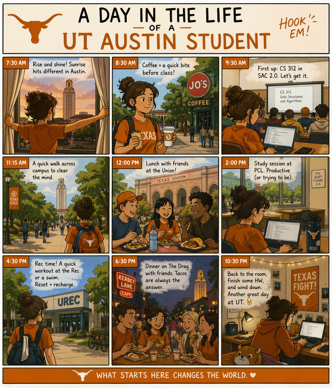 AI generated comic strip showing a day in the life of a UT Austin student, from sunrise at the Tower to late night homework