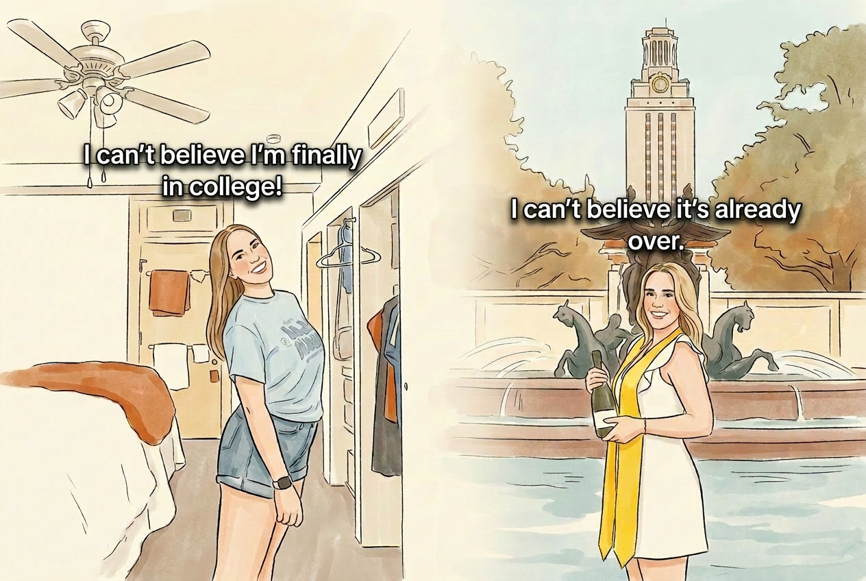 Illustration of a UT Austin student as a freshman in her dorm room and as a senior in cap and gown at the Littlefield Fountain with the UT Tower in the background