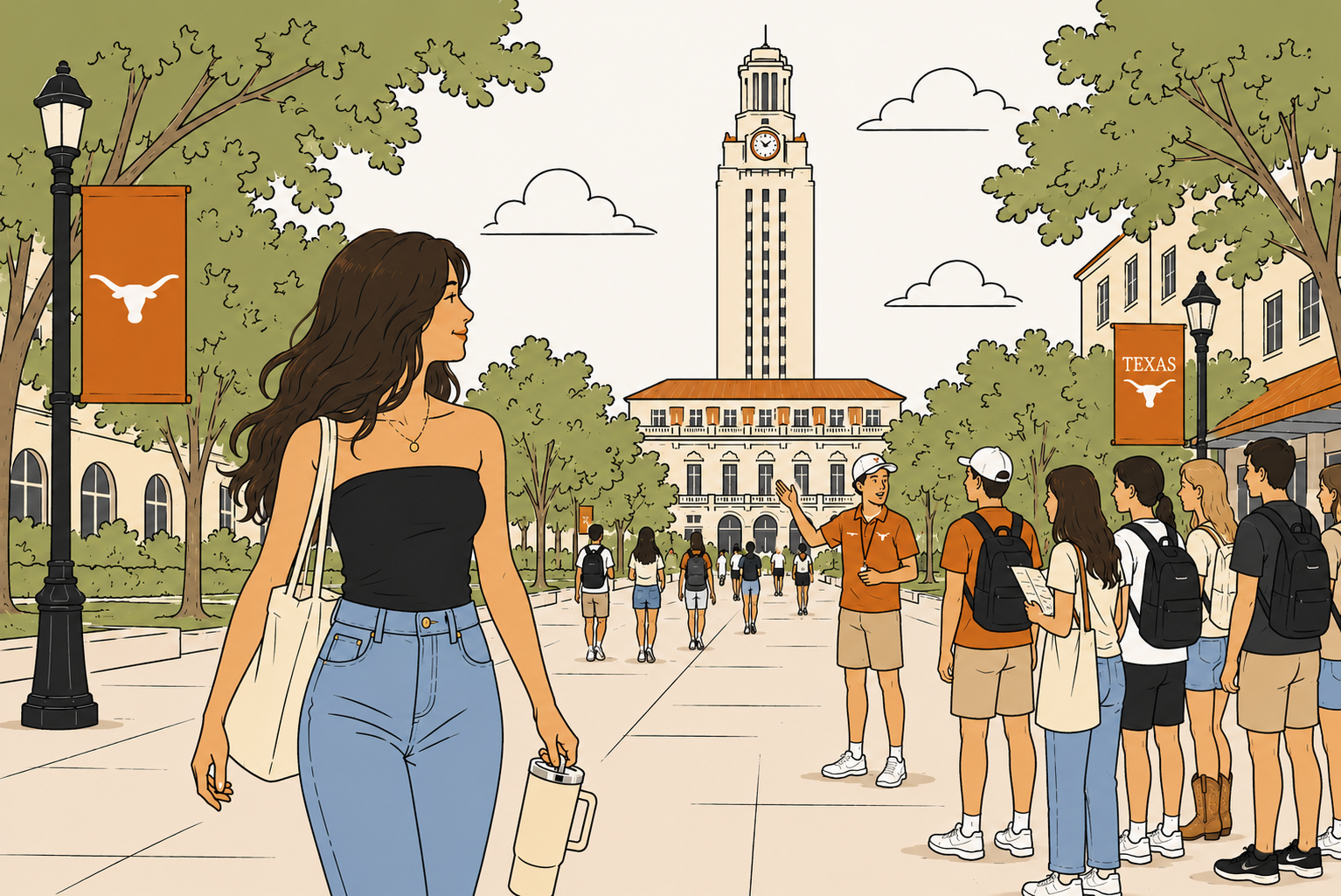 Illustration of a UT Austin student walking down Speedway past an orientation tour group with the UT Tower in the background