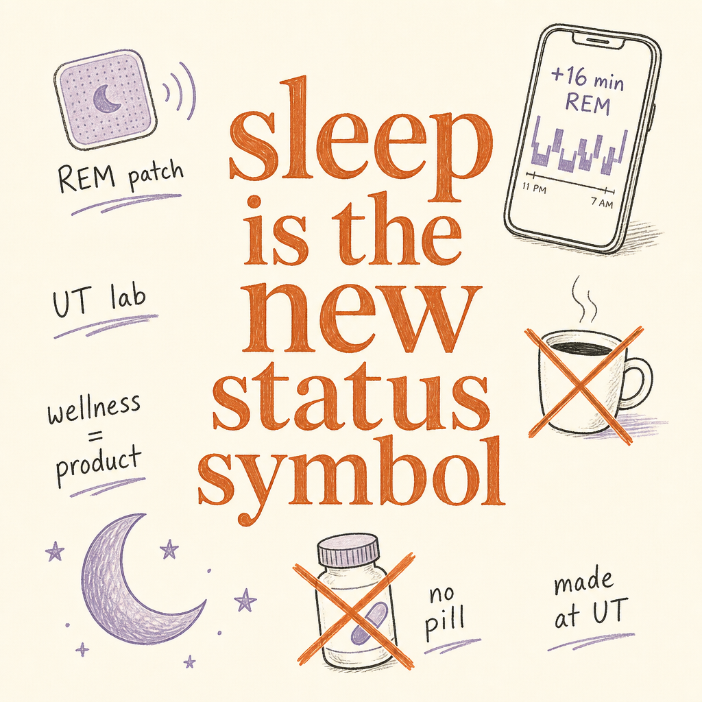 Hand-lettered editorial illustration reading 'sleep is the new status symbol' in burnt-orange serif type on a cream background, surrounded by doodles of a small skin patch labeled 'REM patch', a phone showing '+16 min REM' on a sleep graph, a coffee cup crossed out, a crescent moon, a pill bottle crossed out labeled 'no pill', and handwritten notes reading 'UT lab', 'wellness = product', and 'made at UT'.