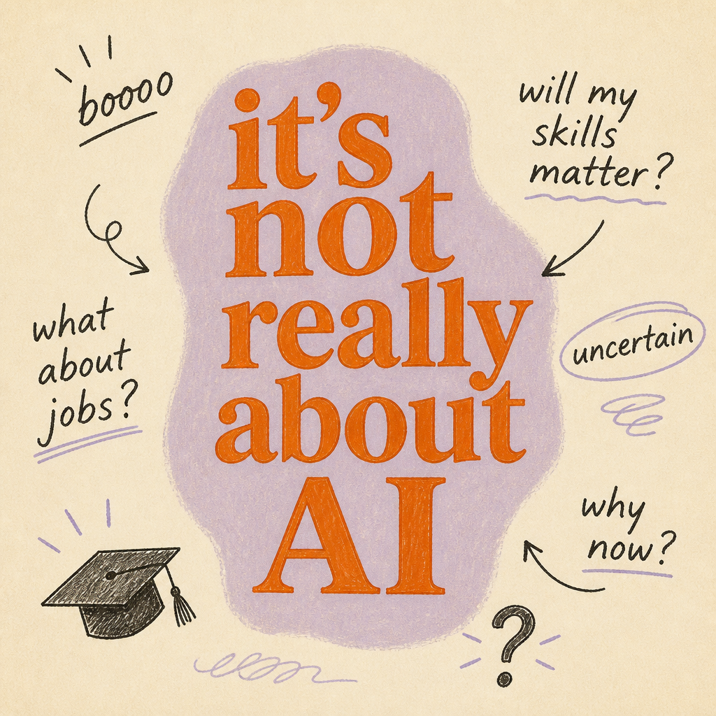 Hand-lettered editorial illustration with the phrase "it's not really about AI" in large orange serif type on a lavender blob, surrounded by handwritten notes like "boooo," "what about jobs?" "will my skills matter?" "uncertain," and "why now?" with small doodles of a graduation cap and a question mark.